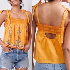 Anthropologie Aliza Embroidered Swing Tank Top Tie-Strap Blouse Smocked Small S